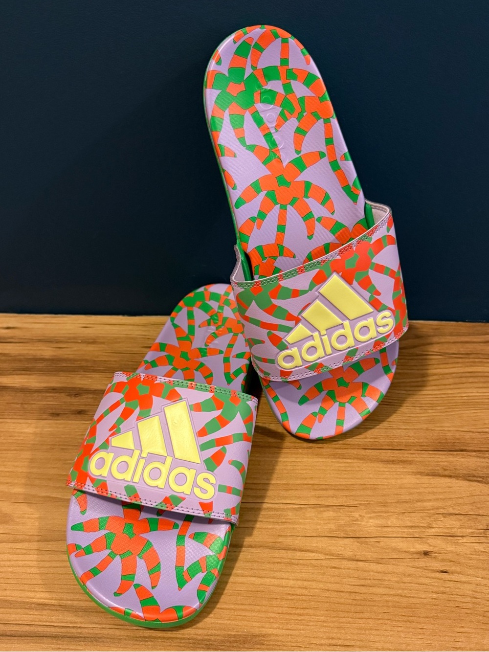 adidas Lilac Slides with Neon Orange and Green Pattern